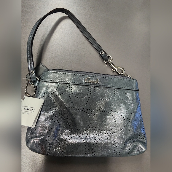 NWT Coach Metallic Gunmetal Perforated Signature Wristlet - Picture 1 of 9
